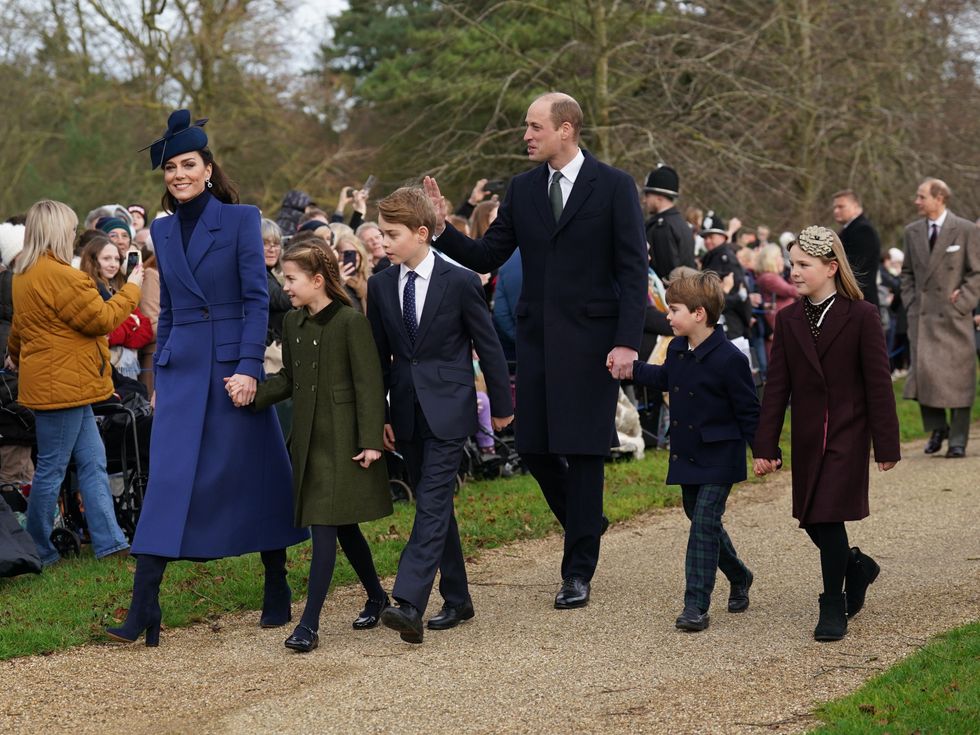 the Princess of Wales, Princess Charlotte, Prince George, the Prince of Wales, Prince Louis and Mia Tindall attending the Christmas Day morning church service at St Mary Magdalene Church in Sandringham
