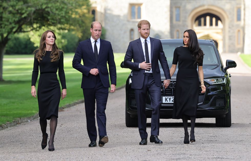 The Princess of Wales, the Prince of Wales and the Duke and Duchess of Sussex walk to meet members of the public at Windsor Castle in Berkshire following the death of Queen Elizabeth II on Thursday. Picture date: Saturday September 10, 2022.
