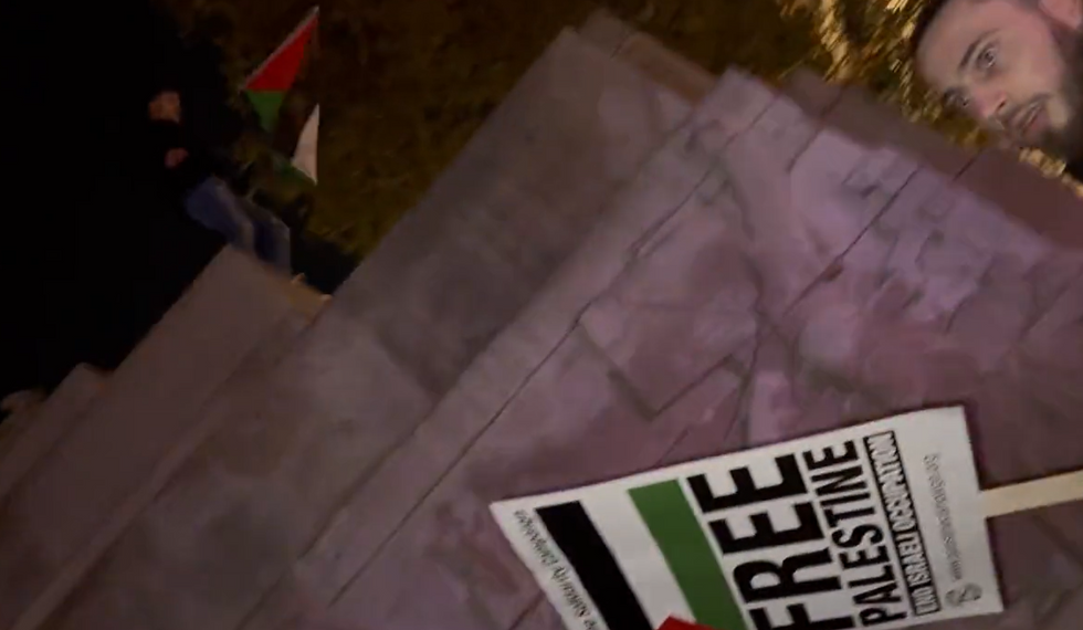 The protestor stood on top of the memorial whilst waving a Palestinian flag