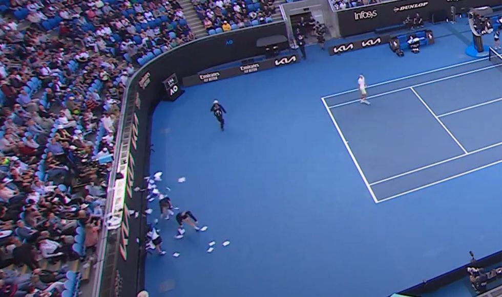 The protestor was stopped be a member in the crowd