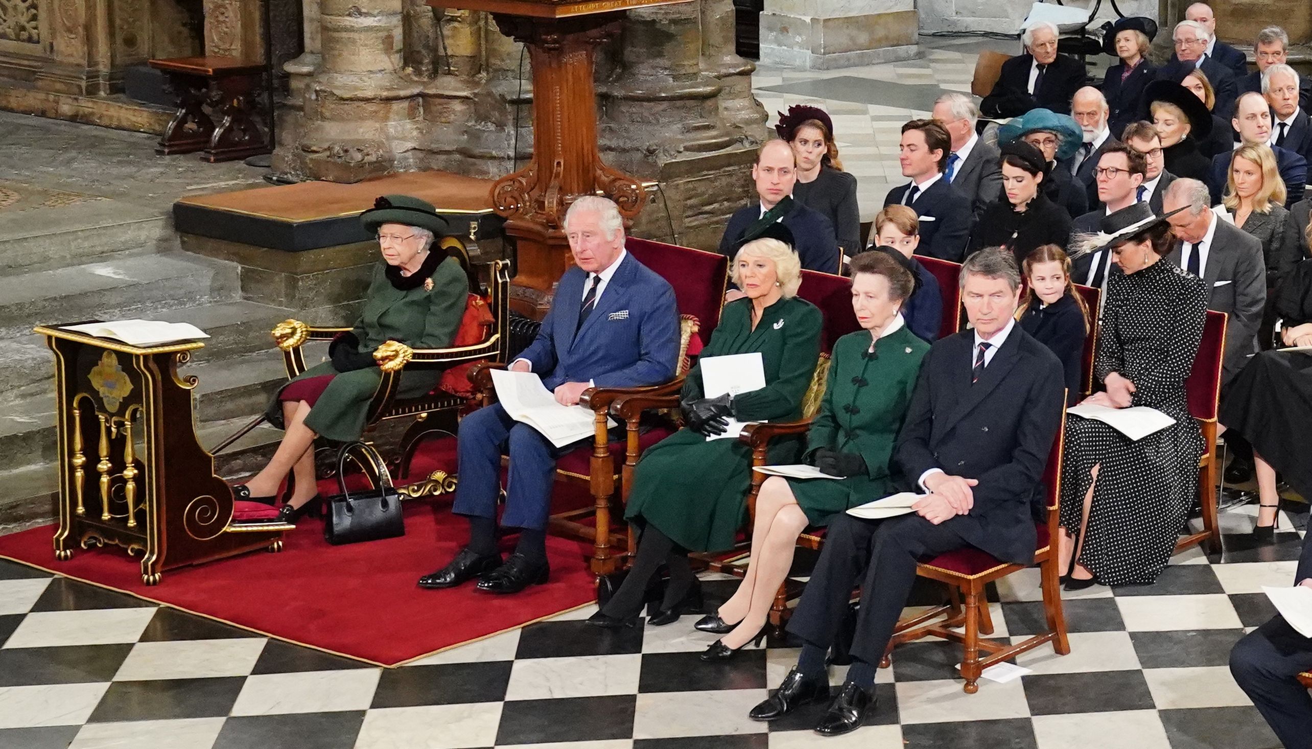The Queen and members of the Royal Family attended the recent service of thanksgiving for Philip\u2019s life. (Front row left to right) Queen Elizabeth II, the Prince of Wales and the Duchess of Cornwall, the Princess Royal, Vice Admiral Sir Tim Laurence. (second row left to right) The Duke of Cambridge, Prince George, Princess Charlotte, the Duchess of Cambridge. Picture date: Tuesday March 29, 2022.