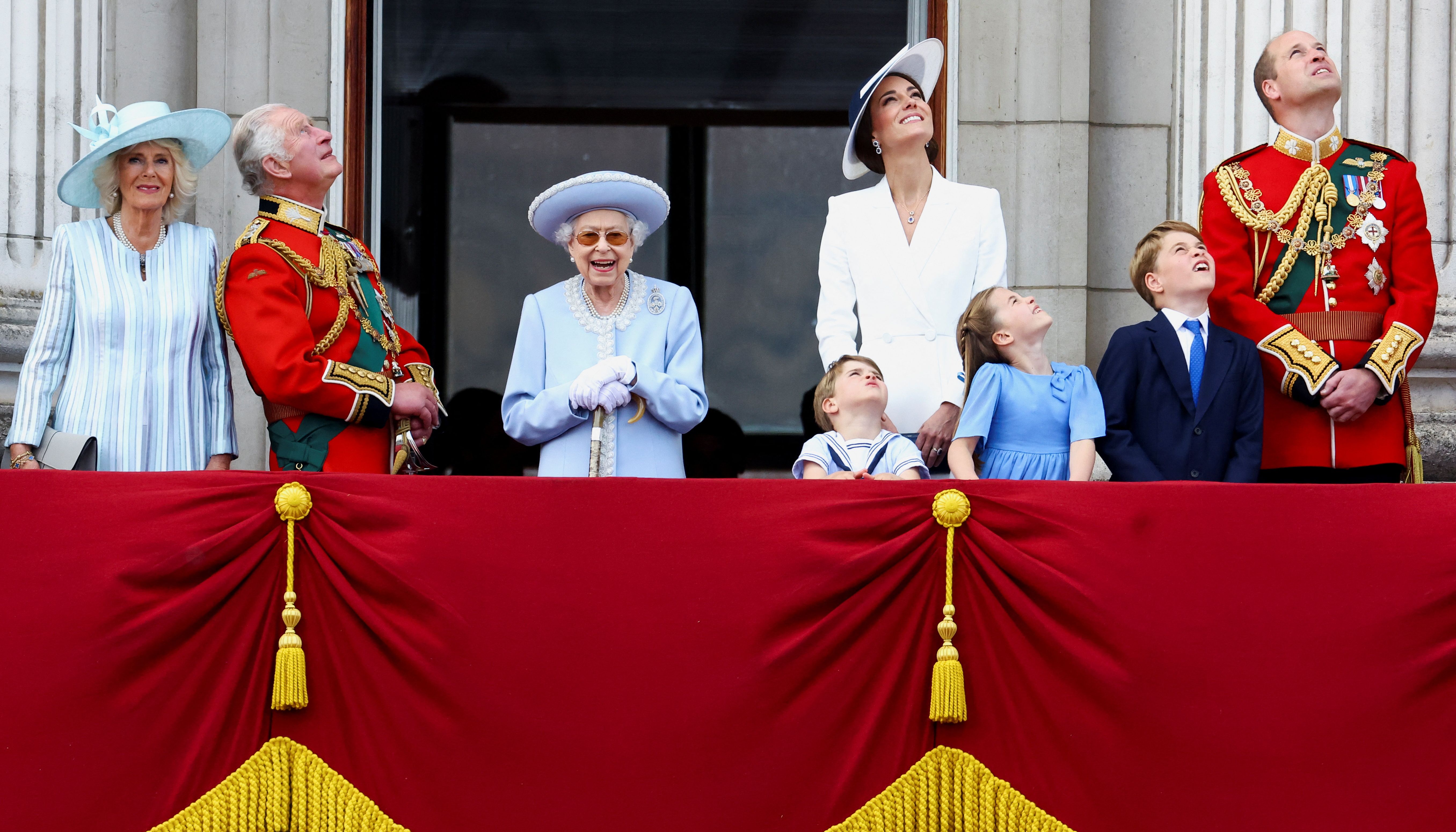 The Queen, Prince Charles, the Duchess of Cornwall, the Duke and Duchess of Cambridge, along with Princess Charlotte, Prince George and Prince Louis appear on the balcony of Buckingham Palace