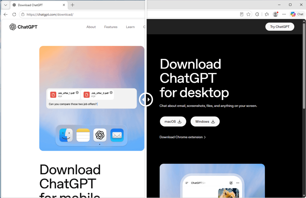 The real ChatGPT site is on the left and the fake ChatGPT site is on the right