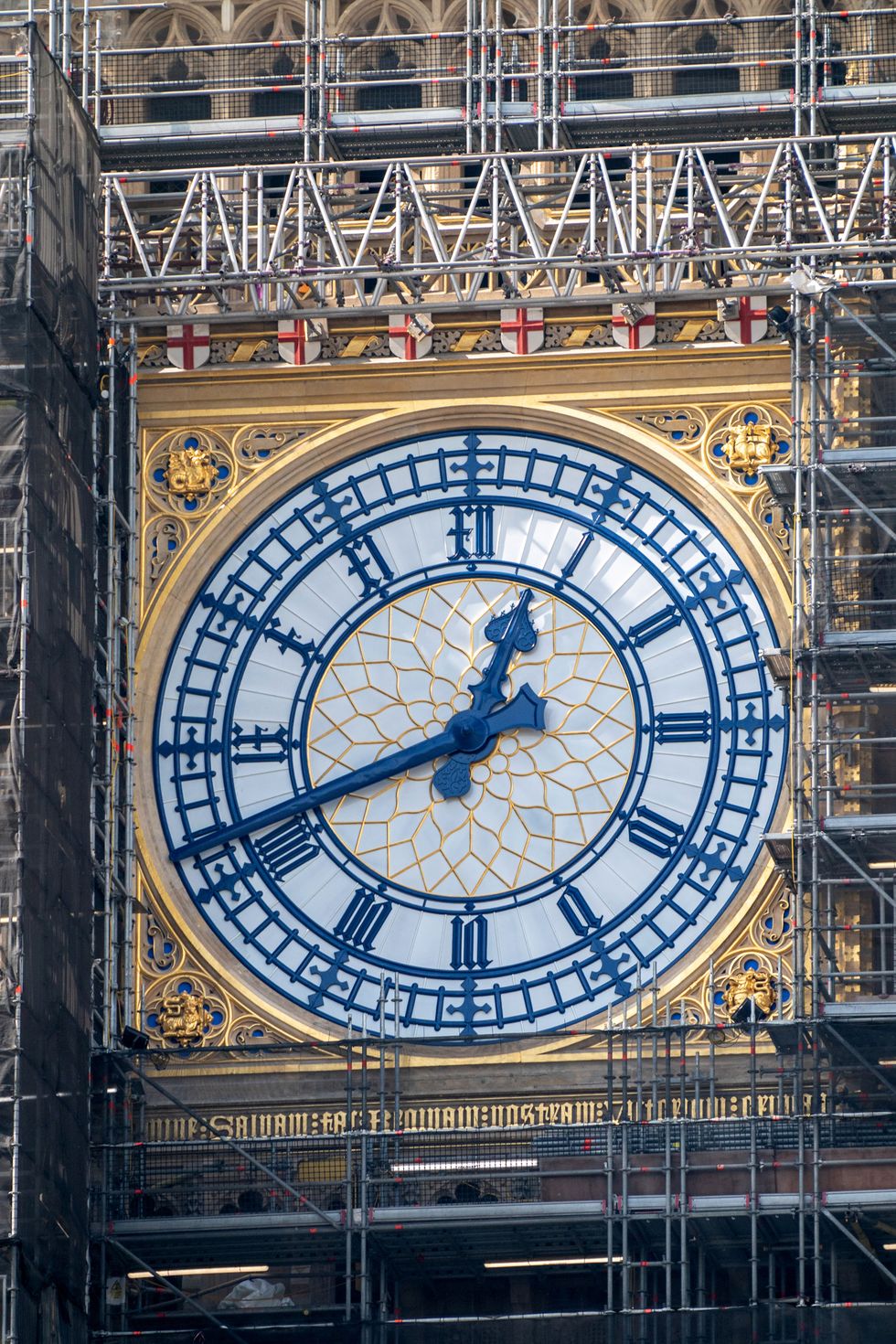 The restored clock hands, which have been painted to match the original Prussian Blue colour scheme on the clock dials, which have been installed on the face of Big Ben at the Palace of Westminster, central London. The hands were removed three years ago for restoration work as part of the Elizabeth tower restoration project, the most extensive programme of conservation ever carried out to the Tower, which is due for completion in 2022. Picture date: Monday September 6, 2021.
