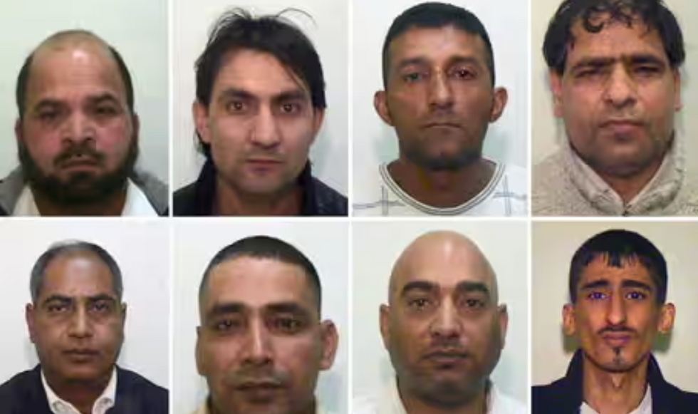 The Rochdale gang: (top row, left to right) Abdul Rauf, Hamid Safi, Mohammed Sajid and Abdul Aziz; (bottom row, left to right) Abdul Qayyum, Adil Khan, Mohammed Amin and Kabeer Hassan, \u200bGreater Manchester Police (bottom right)