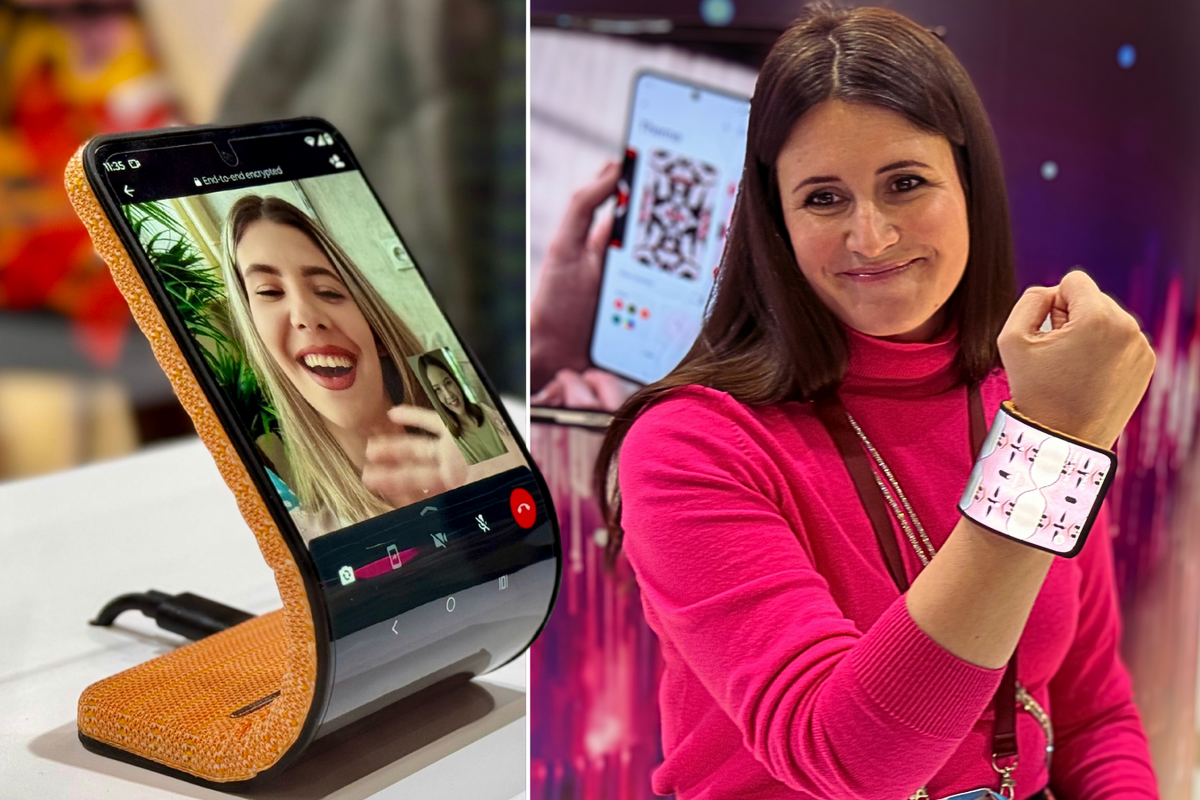 the rollable concept phone pictured with a c-shape bend on the left and on someone's wrist like a smartwatch on the right 