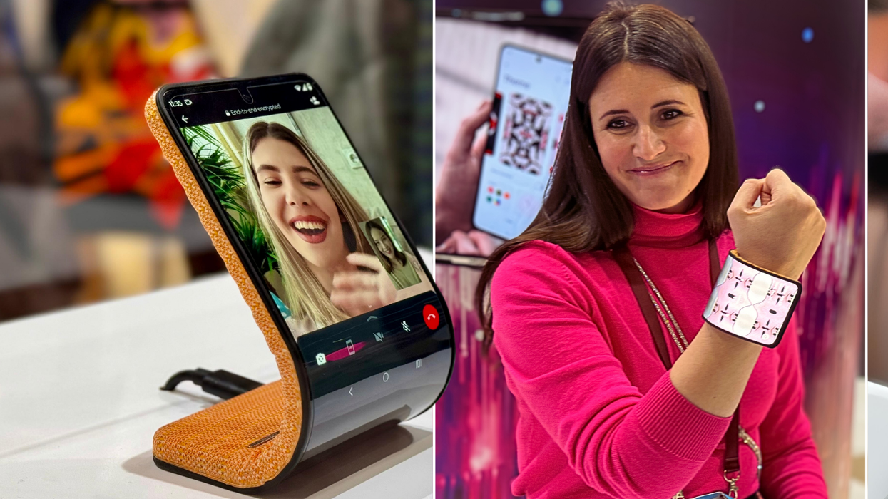 the rollable concept phone pictured with a c-shape bend on the left and on someone's wrist like a smartwatch on the right