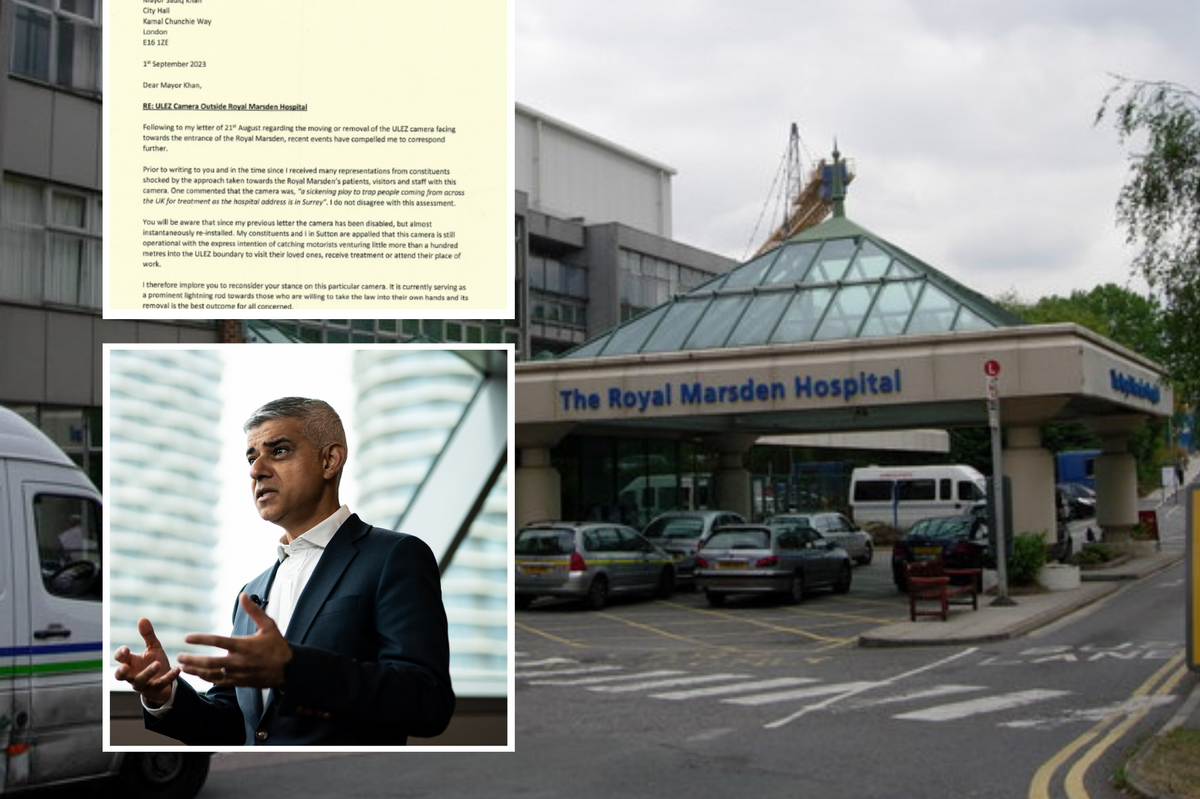 The Royal Marsden Hospital superimposed with Scully's letter and Sadiq Khan