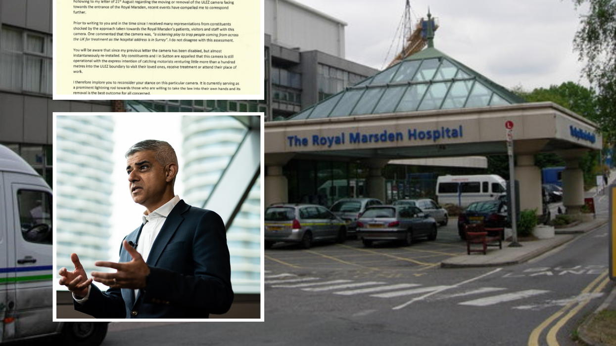 The Royal Marsden Hospital superimposed with Scully's letter and Sadiq Khan