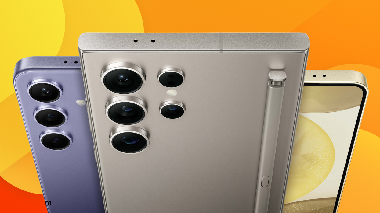 the samsung galaxy s24 ultra pictured on a colourful background flanked by the galaxy s24 and galaxy s24 plus