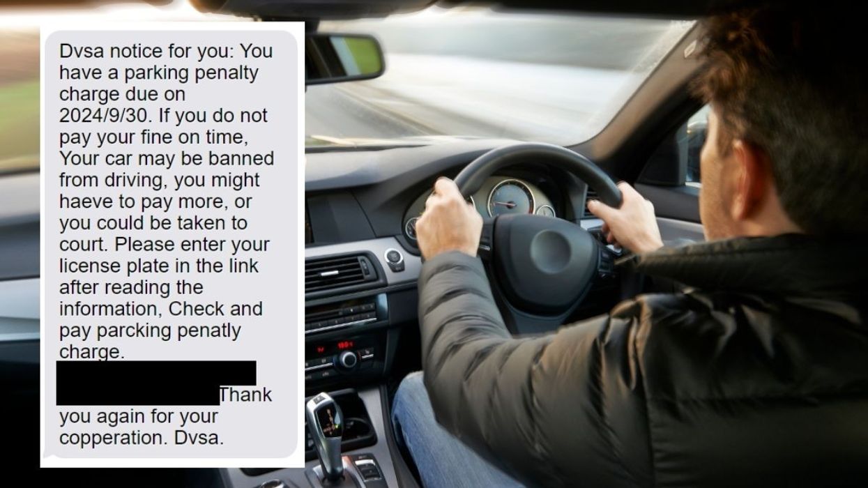 The scam text and a person driving a car