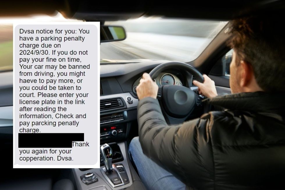 The scam text and a person driving a car
