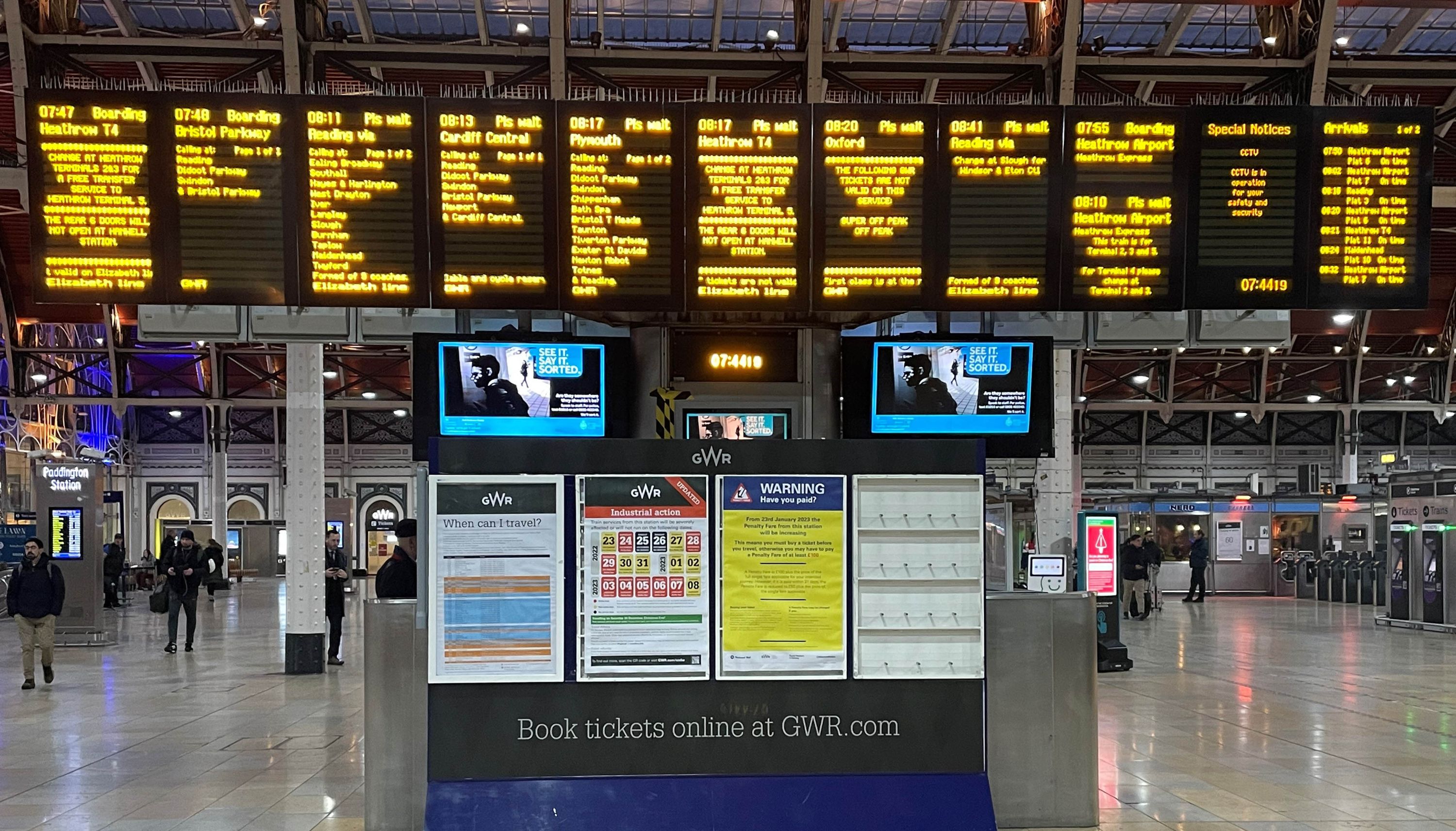 The scene at London Paddington train station, during a strike by members of the Rail, Maritime and Transport union (RMT), in a long-running dispute over jobs and pensions. Picture date: Tuesday January 3, 2023.