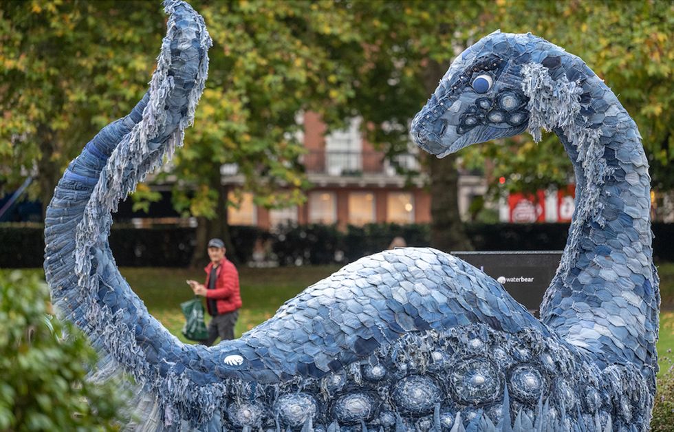 The sculpture dubbed the "COP Ness Monster" made of recycled jeans which has been unveiled in London to raise awareness of climate change.