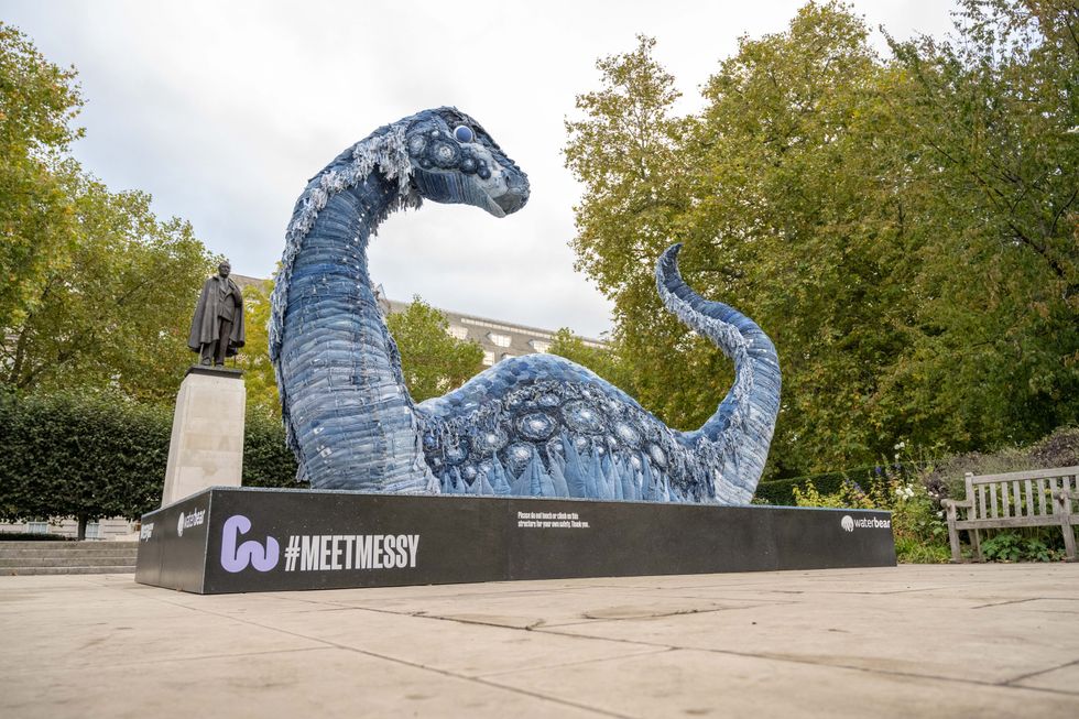The sculpture, which is made from steel, plywood, and wire mesh, and covered with recycled jeans, aims to raise awareness of the polluting effects of denim on the environment ahead of the United Nations Climate Change Conference (COP26) in Glasgow.