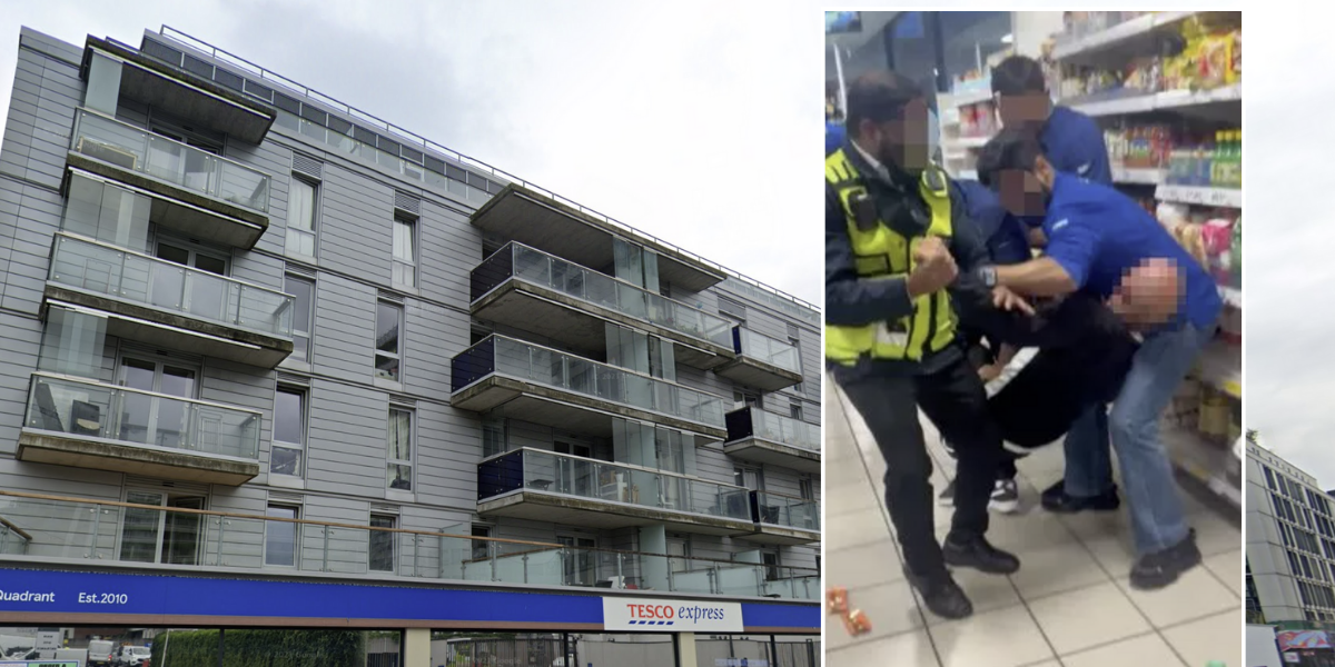 NextImg:Tesco shoplifter screams 'help me' as five workers wrestle him in supermarket
