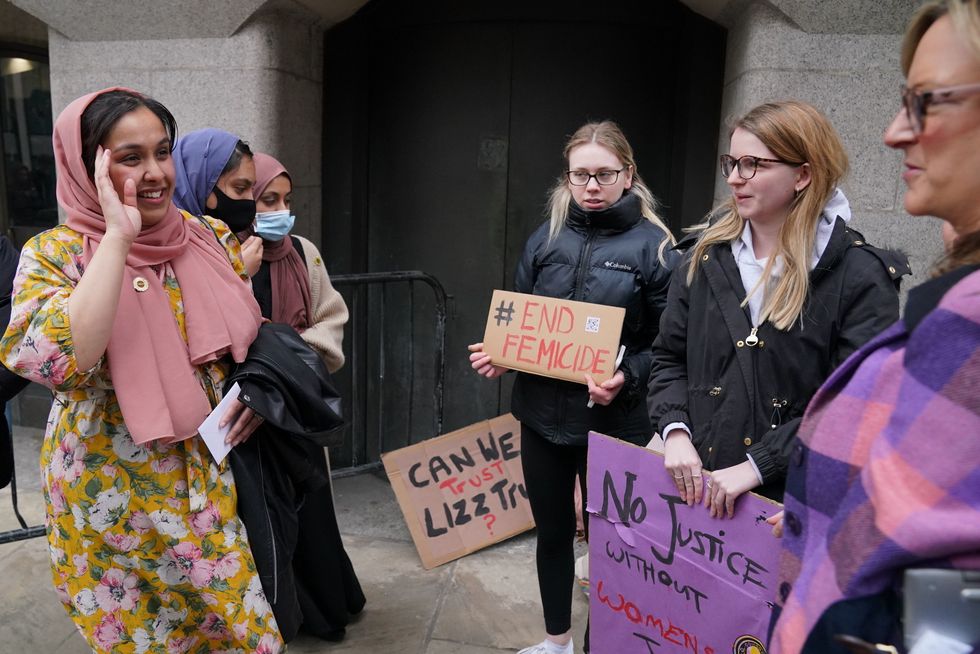 The sister of Sabina Nessa, Jebina Yasmin Islam (left) outside the Old Bailey