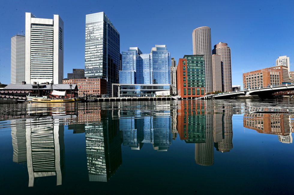 The skyline of the Financial District looking across the Fort Point Channel on November 3, 2022 in Boston, Massachusetts