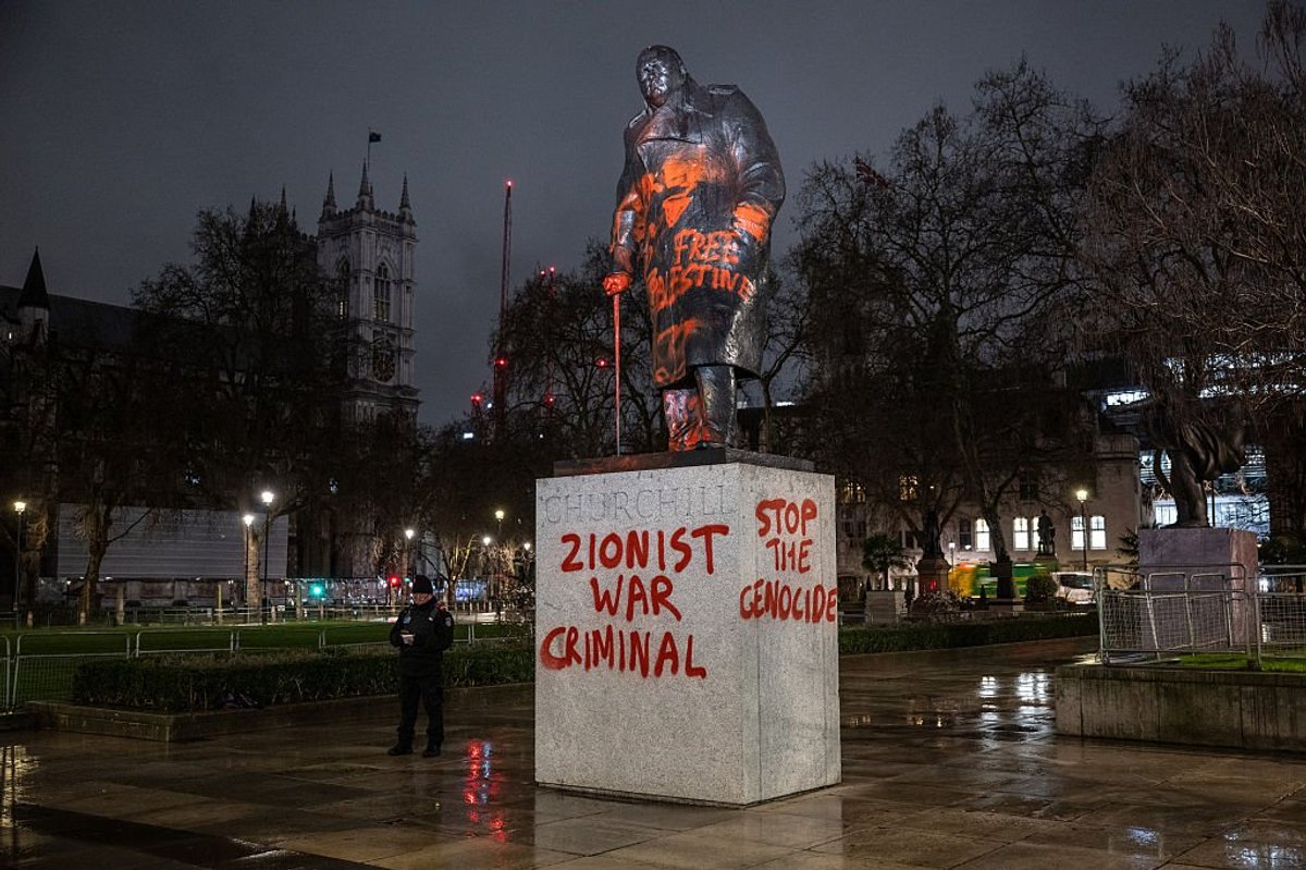 The statue was vandalised with graffiti