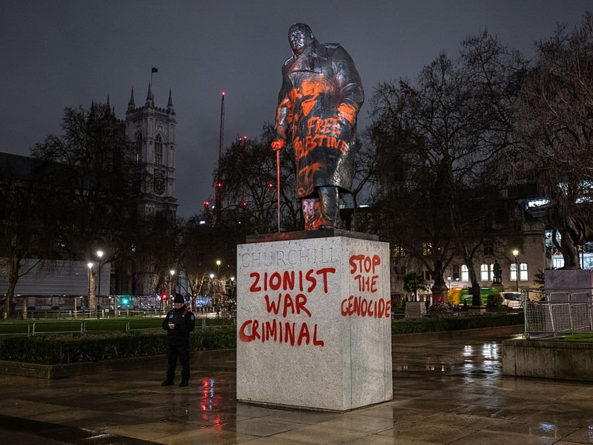 The statue was vandalised with graffiti