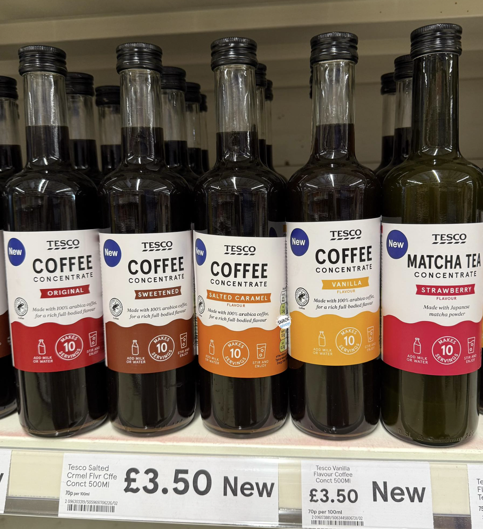 The unsweetened, sweetened, vanilla, salted caramel and strawberry matcha flavours lined up in a Tesco store