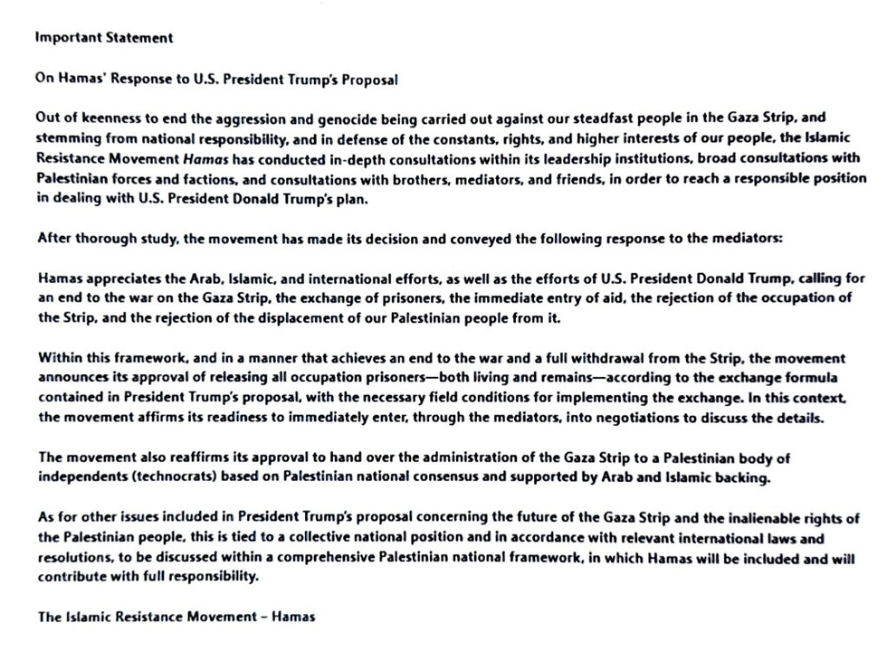 The US President released Hamas' statement on social media