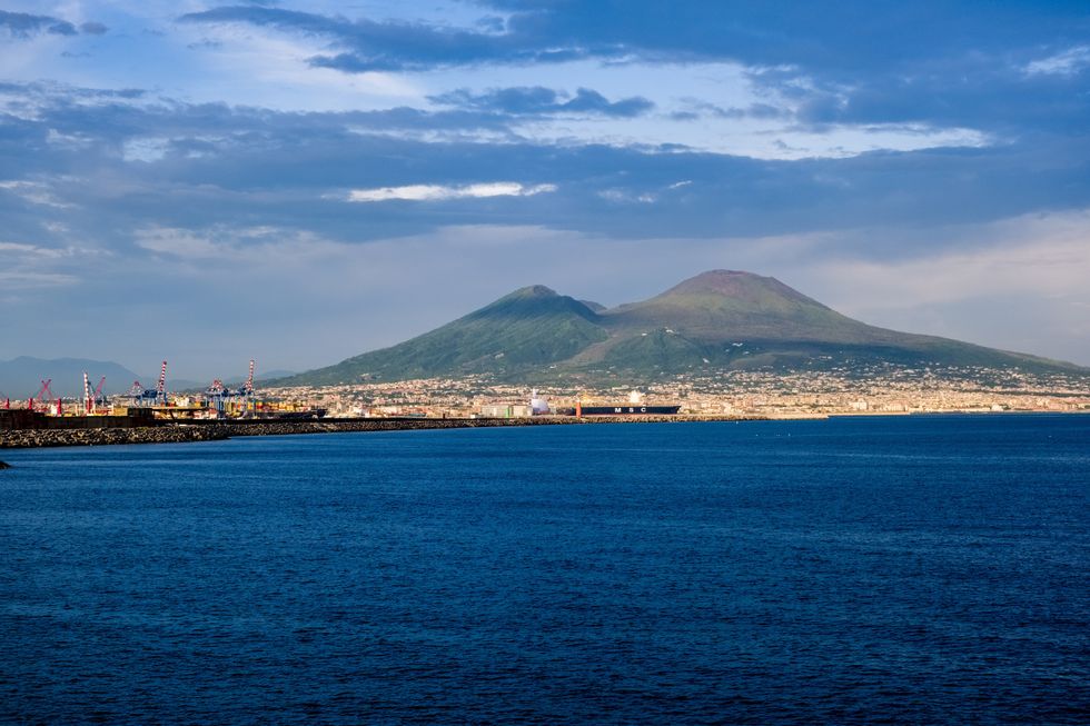 The volcano Mount Vesuvius, seen over the Gulf of Naples