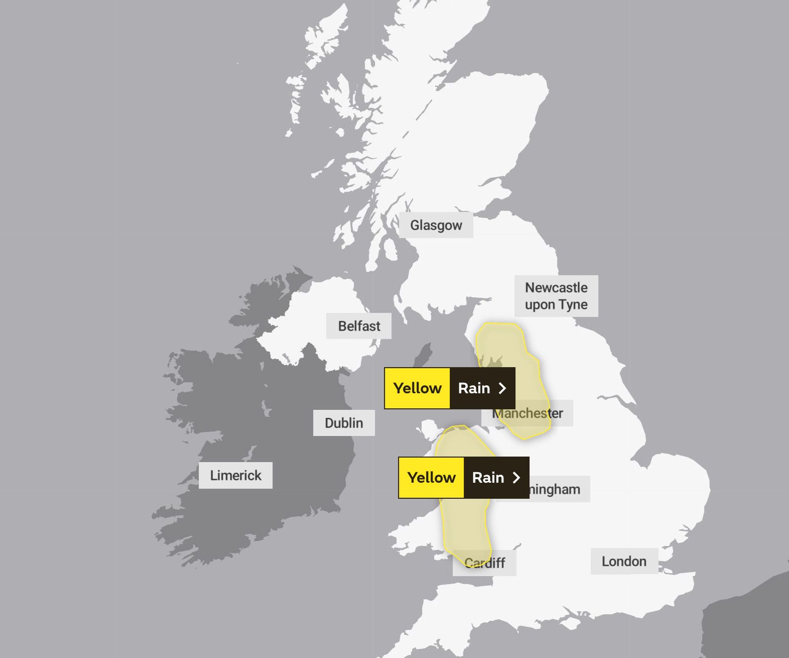 The warnings cover most of Wales and the north west of England