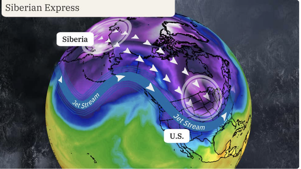The Weather Channel map shows Sibearian Express approaching