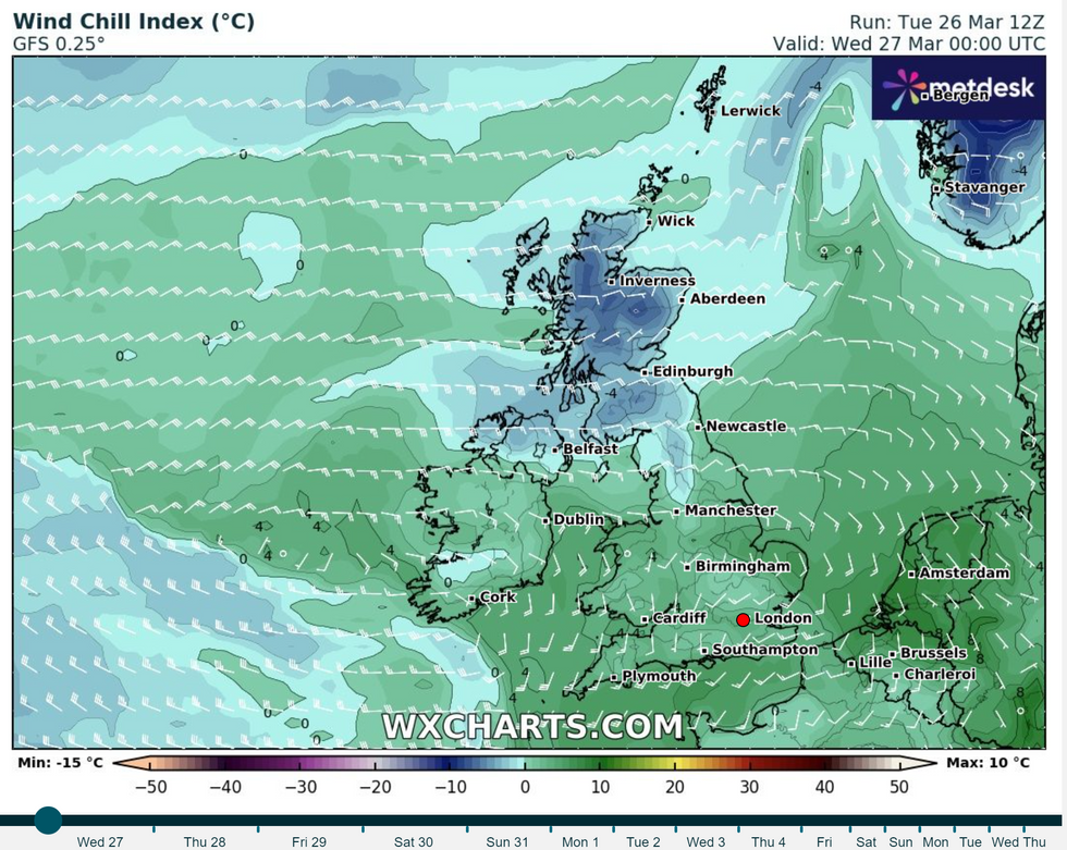 The wind chill for tonight\u200b across the UK
