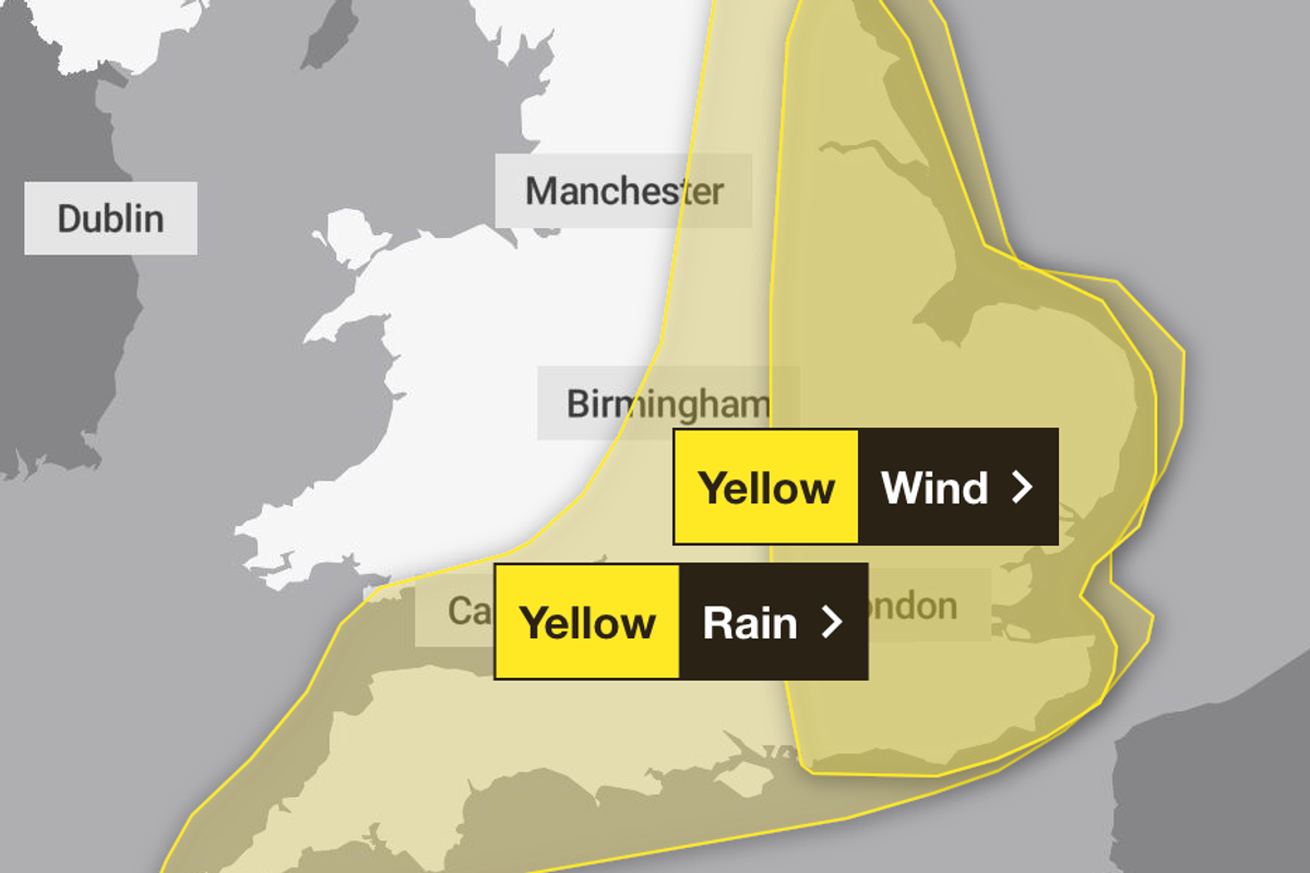 The yellow warnings show where the heavy rain and strong gusts are expected on Thursday