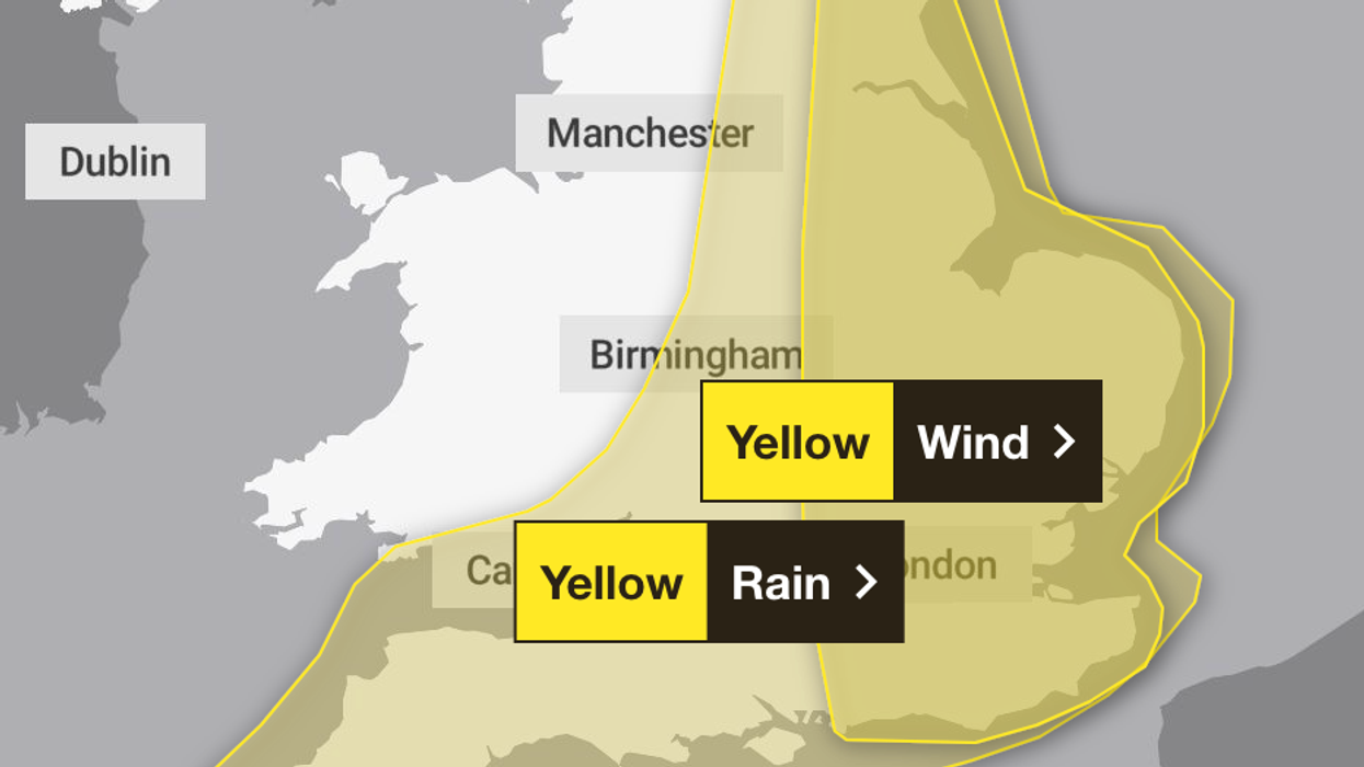 The yellow warnings show where the heavy rain and strong gusts are expected on Thursday