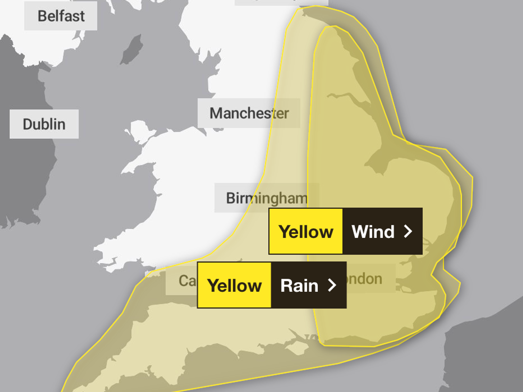 The yellow warnings show where the heavy rain and strong gusts are expected on Thursday