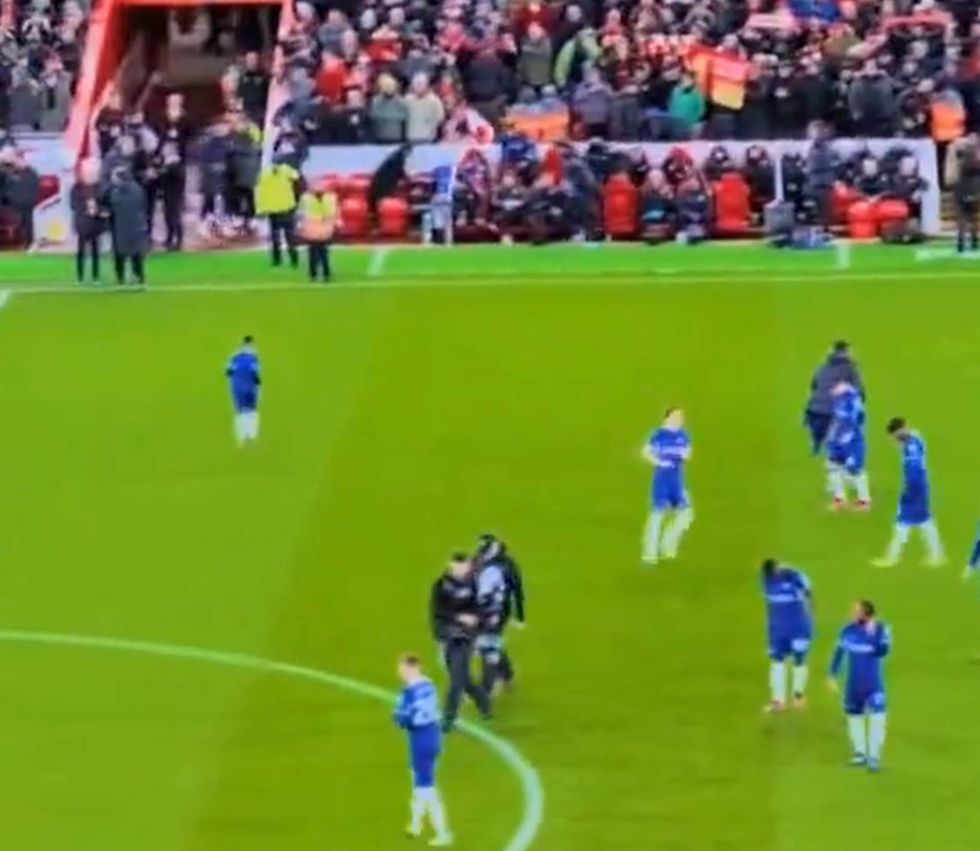 The young mascot eventually jogged off the pitch on his own