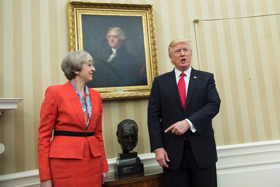 Theresa May and Donald Trump in front of Churchill bust in Oval Office