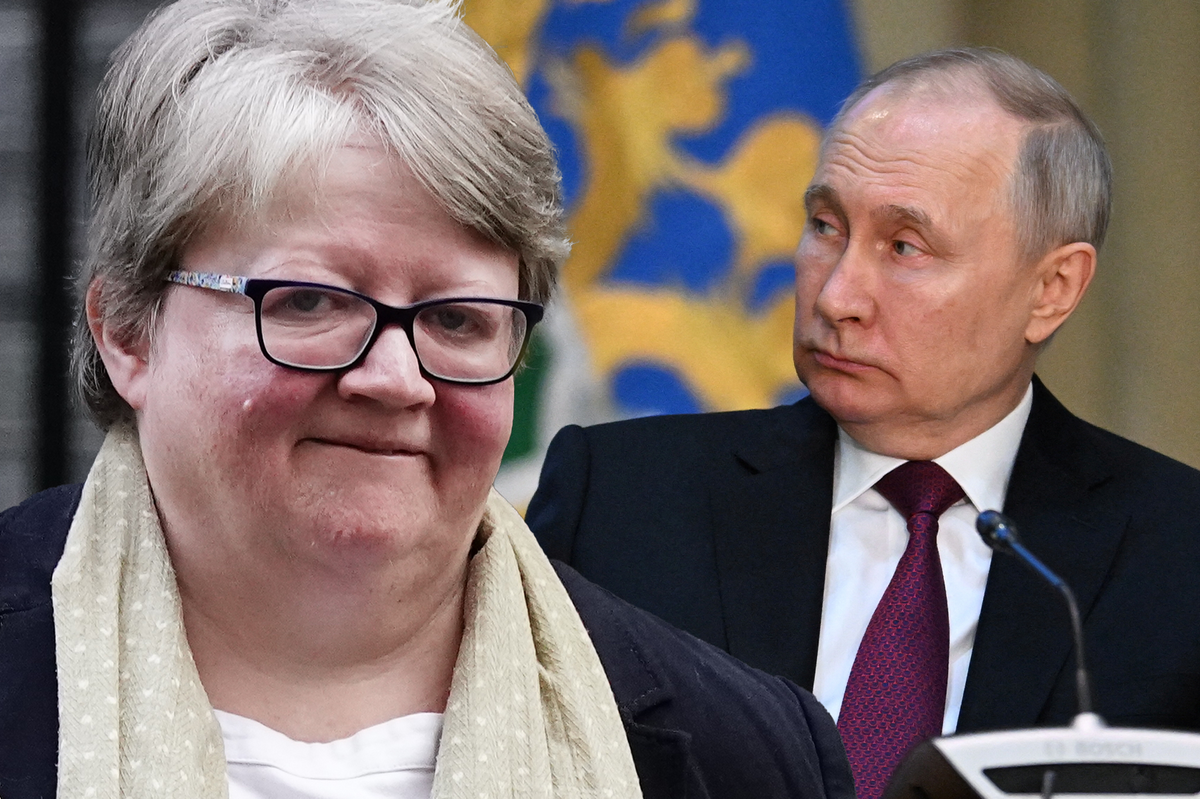Therese Coffey (left), Vladimir Putin (right).
