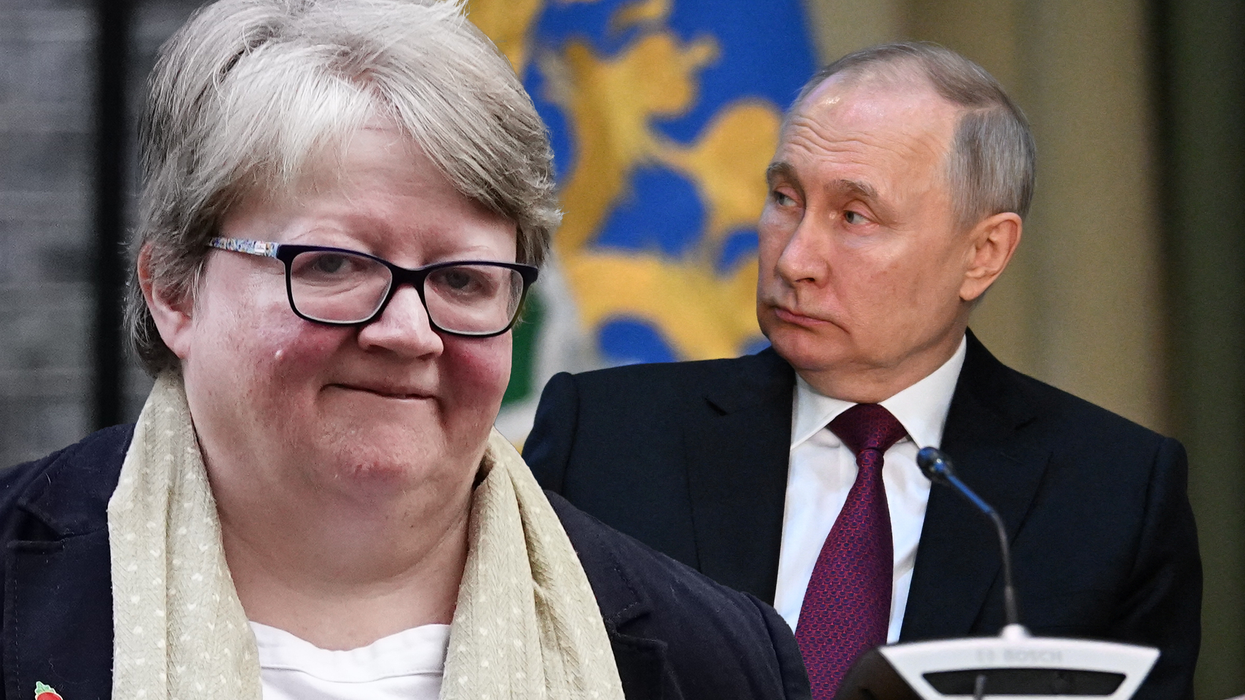 Therese Coffey (left), Vladimir Putin (right).