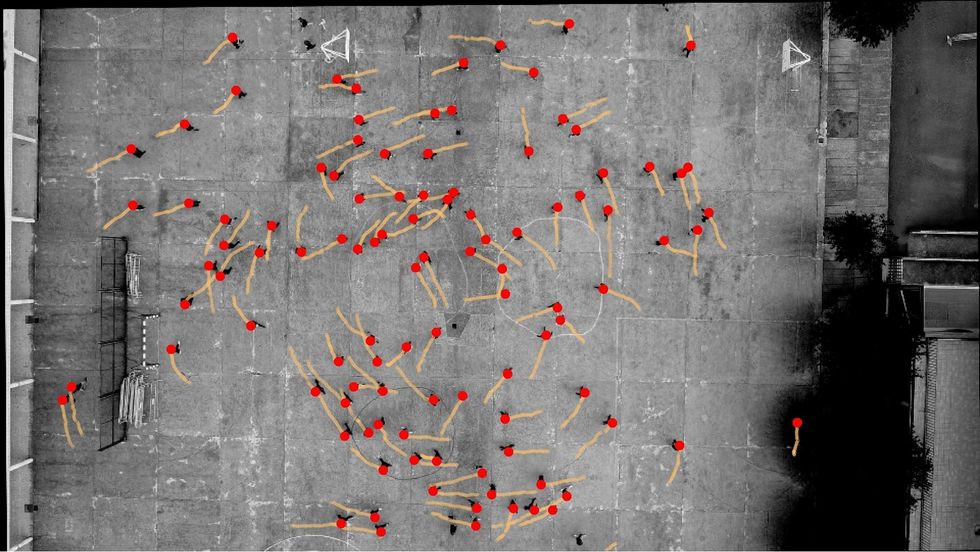This annotated image shows a schoolground in Spain and the motions of teenage participants as indicated by the dots and lines