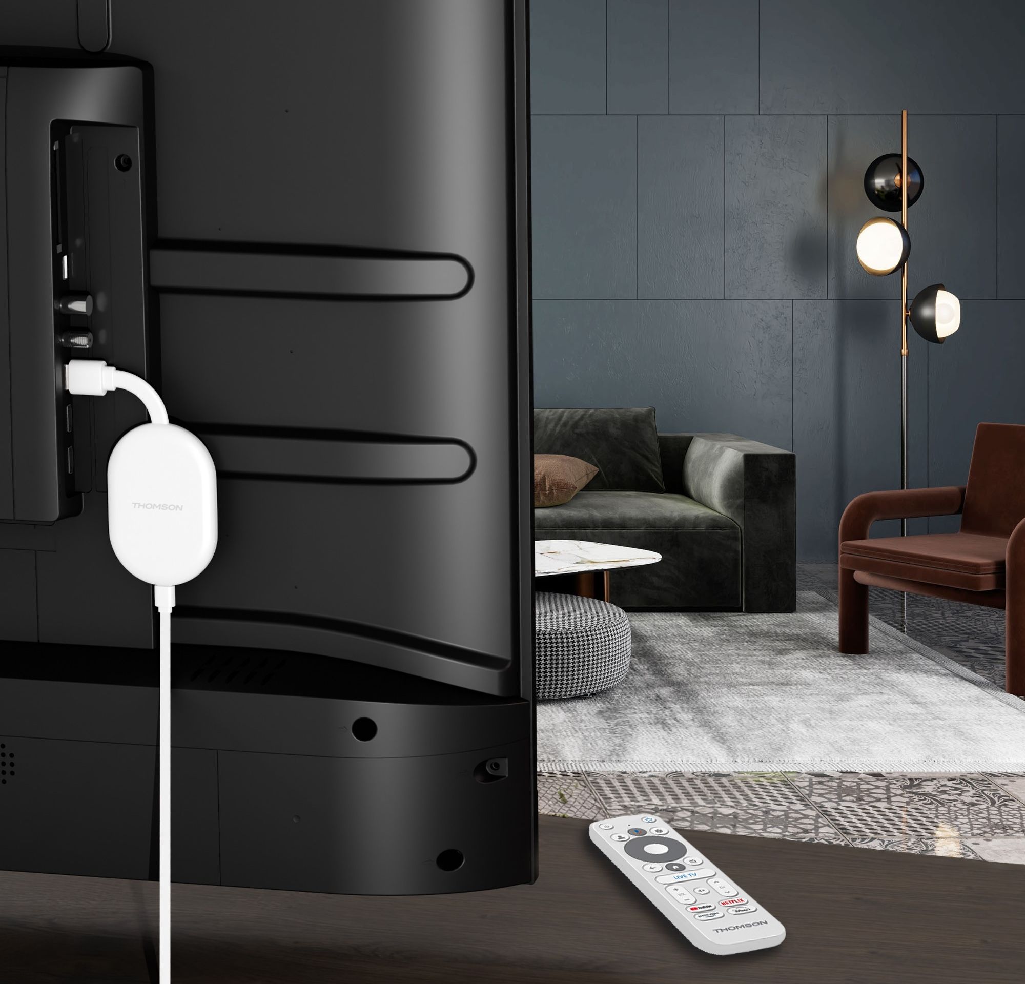 thomson cast 150 shown plugged into the back of a television