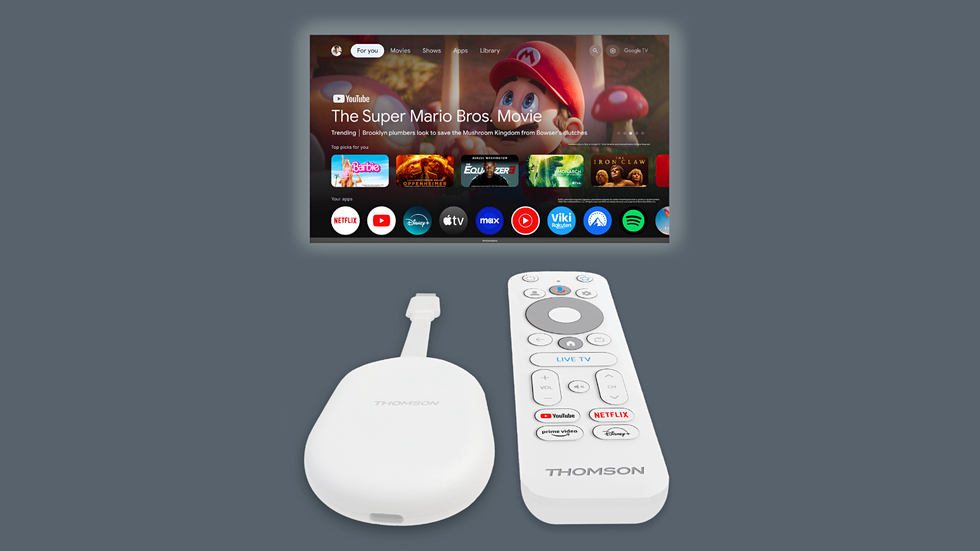 thomson cast 150 streaming dongle with the remote next to it