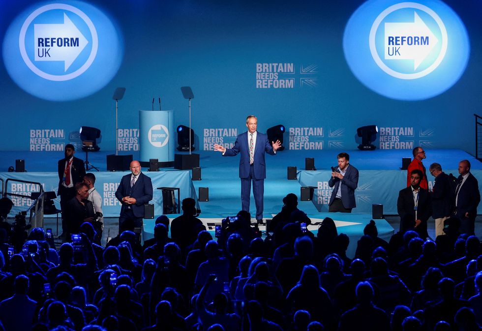 Thousands gathered as Reform UK Party Leader Nigel Farage delivers a speech during a rally at the NEC in Birmingham