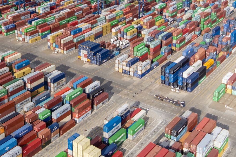 Thousands of shipping containers at the Port of Felixstowe in Suffolk, as shipping giant Maersk has said it is diverting vessels away from UK ports to unload elsewhere in Europe because of a build-up of cargo.