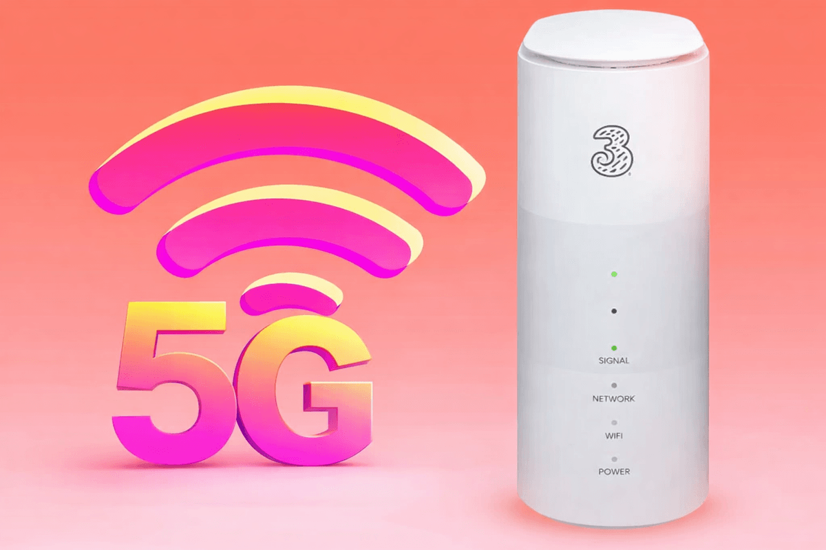 Three 5G unlimited data home broadband router next to Wi-Fi symbol
