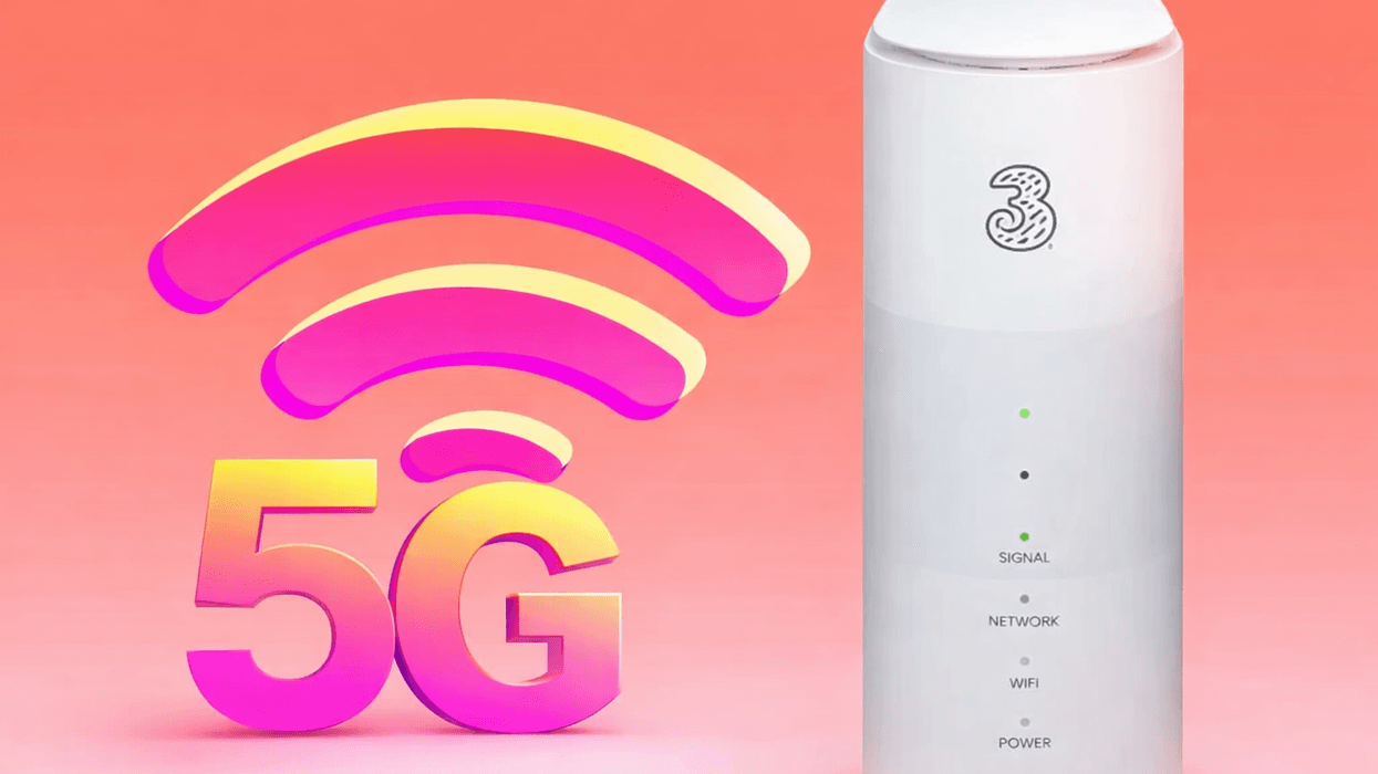 Three 5G unlimited data home broadband router next to Wi-Fi symbol