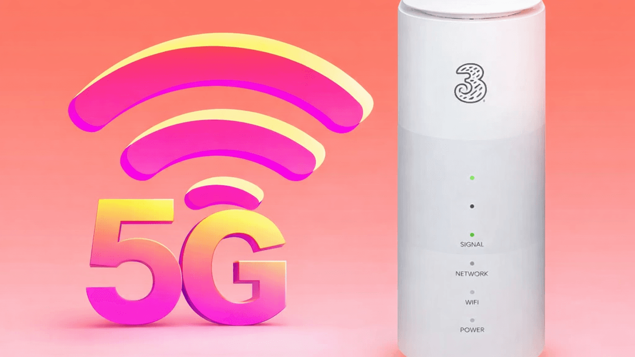 Three 5G unlimited data home broadband router next to Wi-Fi symbol