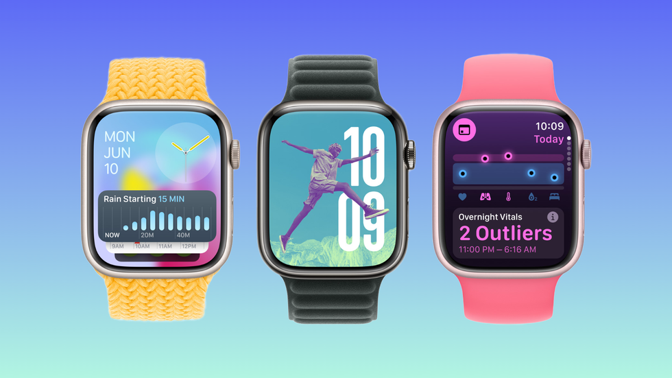 three apple watch models showing different aspects of the new watchOS 11 software on-screen with a lightly coloured background 
