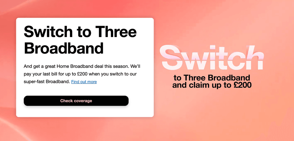 Three broadband \u00a3200 bill coverage