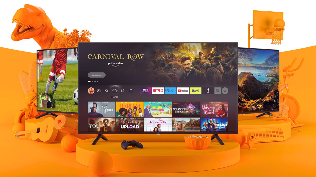 three fire tv models pictured on a colourful background with props