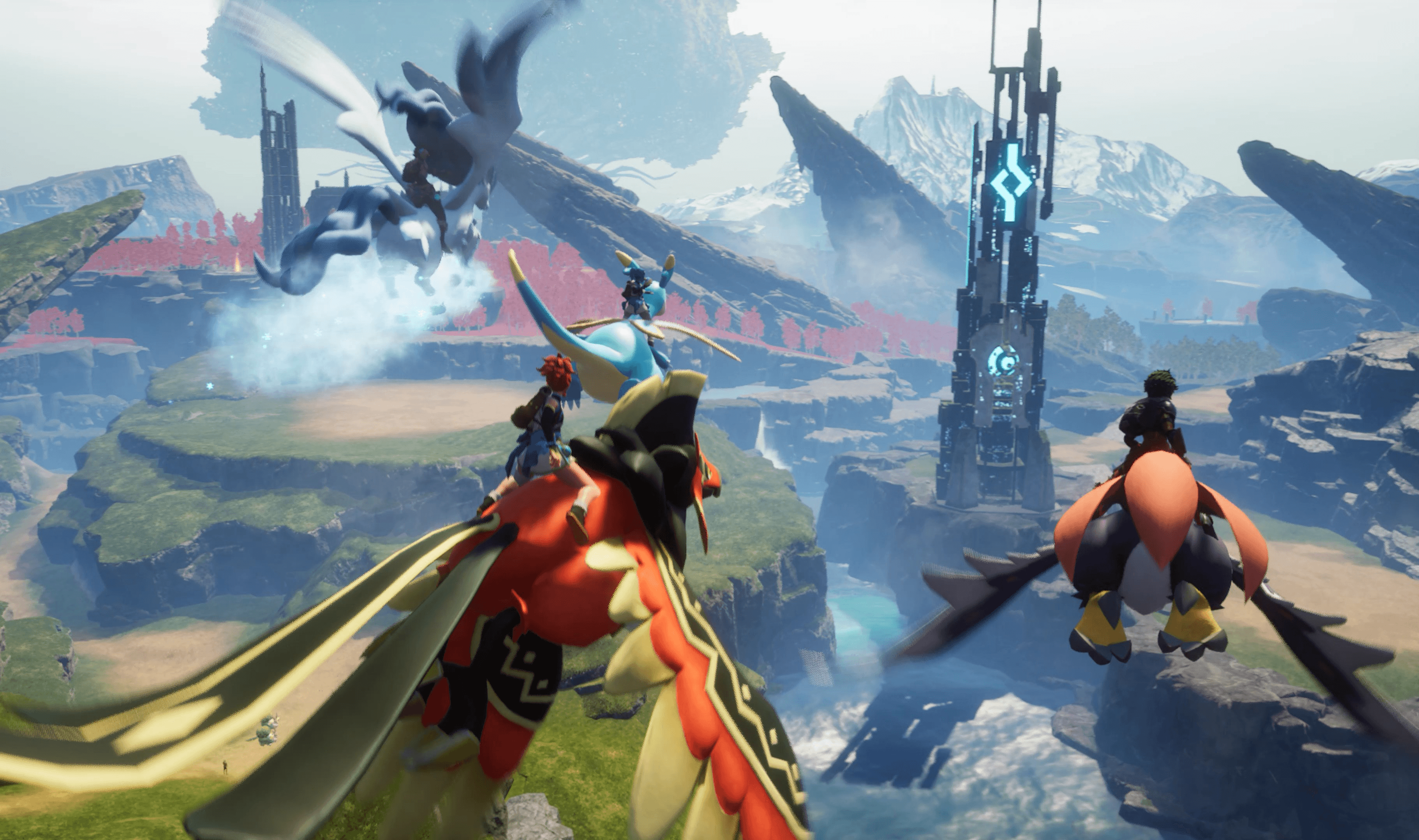 three flying creatures are pictured with players riding them over the landscape