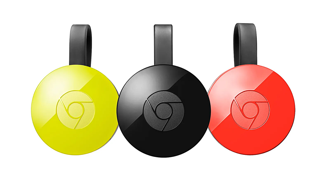 three google chromecast streaming devices pictured side by side in yellow, black, and red